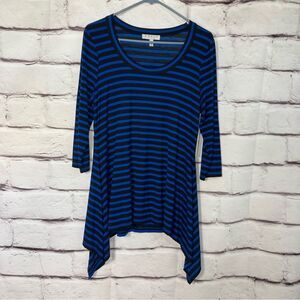 CHAUS NWT Striped Top SZ L 3/4 Sleeves Sharktooth Hem Blue Black Scoop Neck Knit